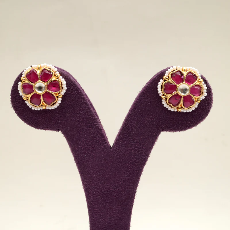 Premium Pachi Kundan 6 Petal Flower Koppu Earrings - Ruby